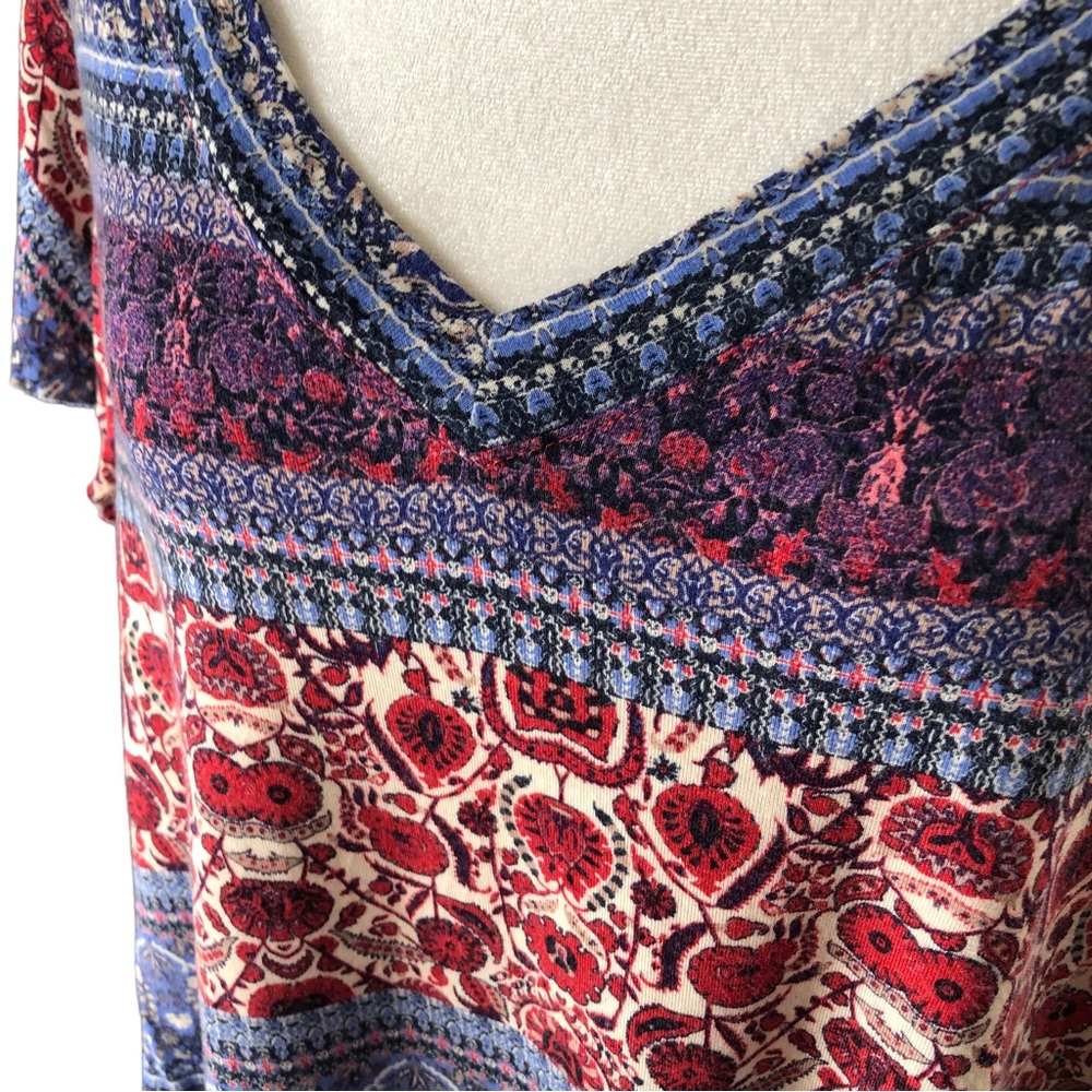 Live and Let Live Popover Top Women XL Blue Red Tan Boho Folk Art Print - Picture 2 of 10